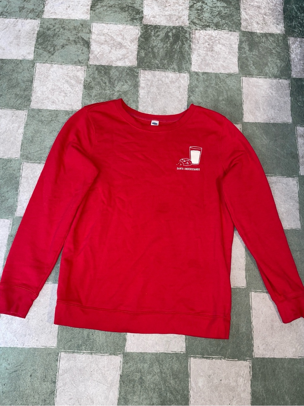Red Crewneck Sweater with Small Christmas Graphic